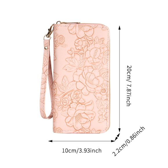 $10 ADD ON ITEM- Pink Floral Embossed Wristlet Wallet Zip Around Clutch Purse - Picture 4 of 4